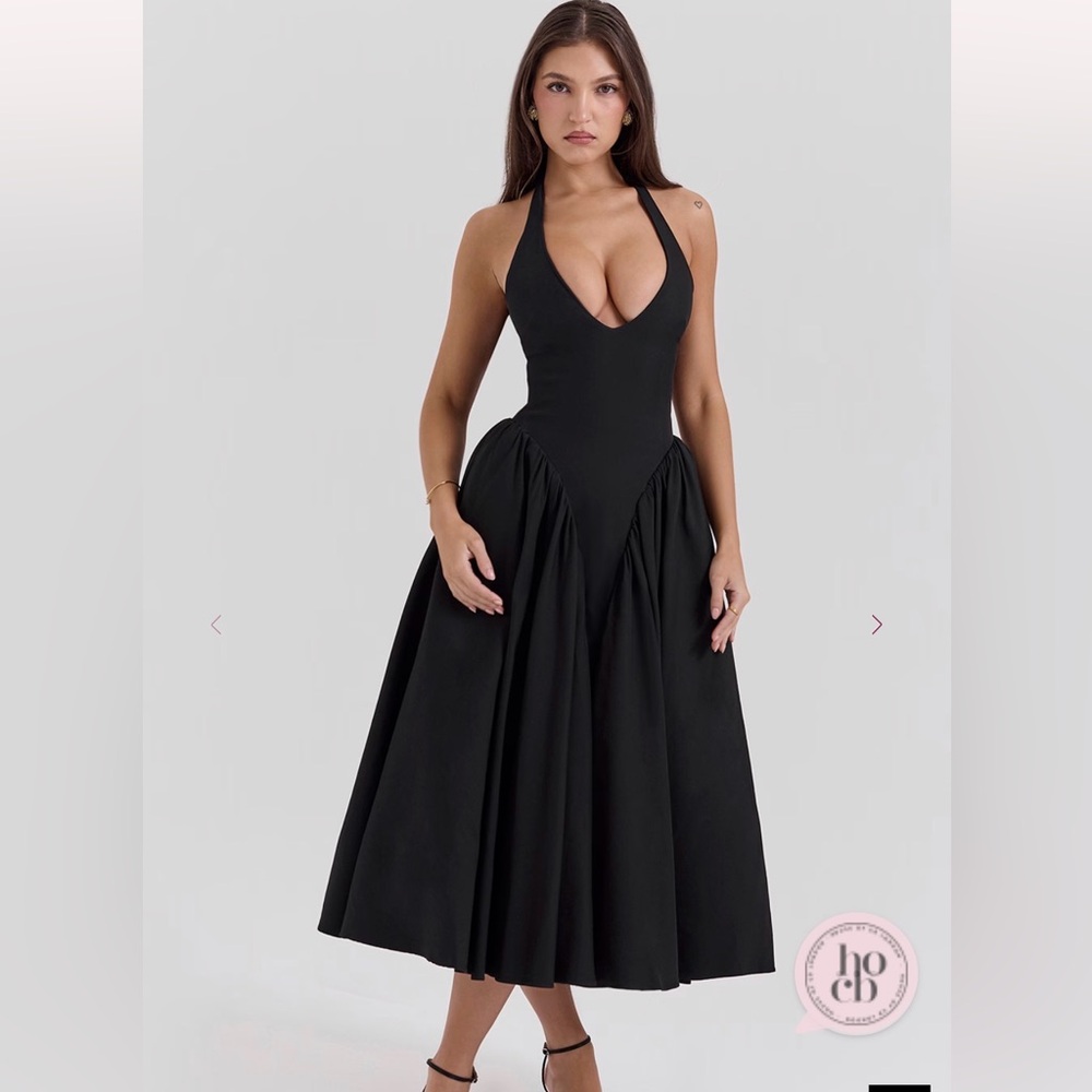 House of CB MARILYN Black Twill Halter Midi Dress Sz Small. Excellent condition.